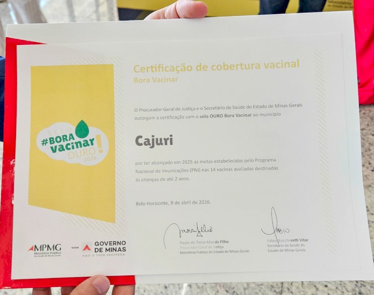 Cajuri conquista Selo Ouro de vacinação; município foi o único da região a receber certificado