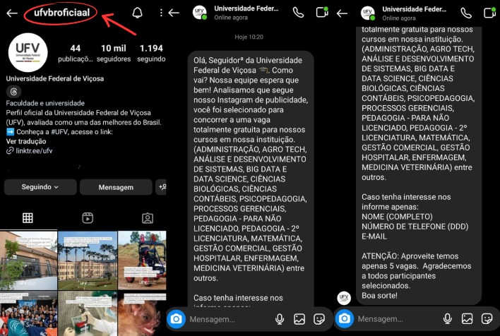 Perfis falsos no Instagram se passam pela UFV para aplicar golpes